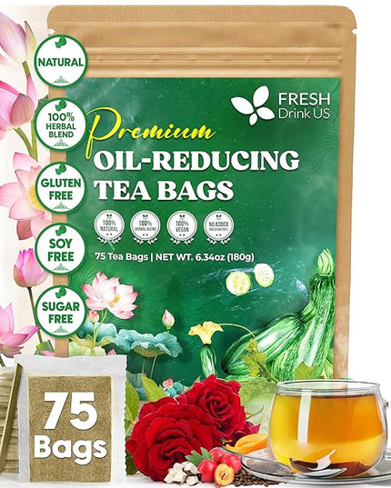 FreshDrinkUS, Oil-Reducing Herbal Tea – 75 Tea Bags | Blend of Winter Melon, Lotus Leaf, Ginger, Hawthorn, Gardenia Fruit, Rose, Cassia Seed & More | Naturally Caffeine-Free | Delicious Hot or Iced