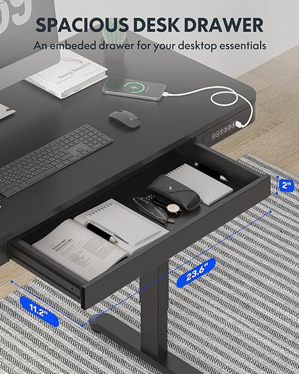 FLEXISPOT Comhar Electric Standing Desk with Drawer Desktop & Adjustable Frame Quick Install w/USB Charge Ports (Black, Wood)