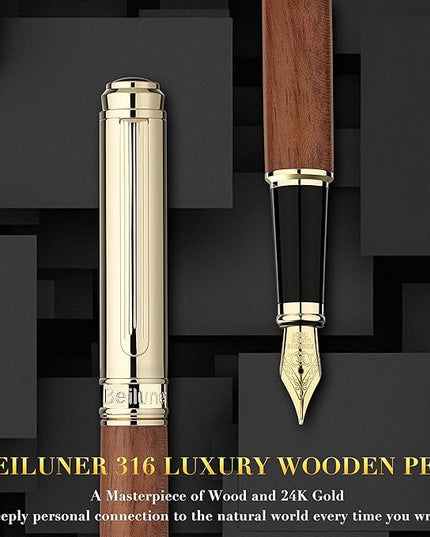 BEILUNER 316 Fountain Pen,Stunning Luxury Rosewood,24K Gilded Nib(Medium),Gorgeous 24K Gold Finish, Ink Converter,Best Gift for Men&Women-Fancy,Executive,Nice Pens for Writing, RD-M