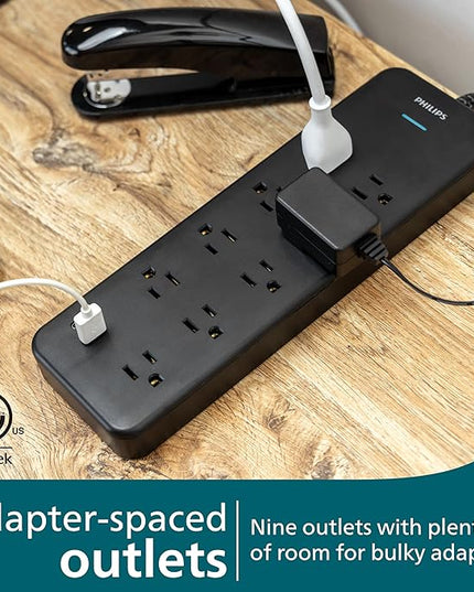Philips 9-Outlet Surge Protector with USB Charging, 6ft Braided Extension Cord, 1USB-A, 1USB-C, 2400J, Adapter Spaced, Black - SPP3983B/37