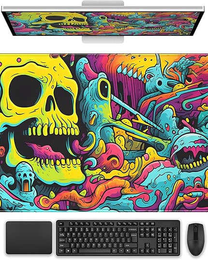 Gaming Desk Mat Skull Desk Pad Extended Mouse Pad XXL, Cool Mouse and Keyboard Mat Big Desktop Mats for Desk, Laptop Mat with Non-Slip Base & Stitched Edges, Office Decor for Men 31.5" x 15.7"