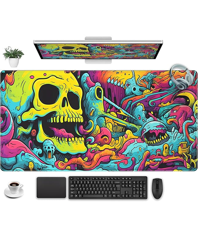 Gaming Desk Mat Skull Desk Pad Extended Mouse Pad XXL, Cool Mouse and Keyboard Mat Big Desktop Mats for Desk, Laptop Mat with Non-Slip Base & Stitched Edges, Office Decor for Men 31.5" x 15.7"