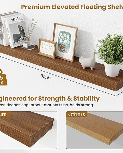 Fun Memories 40 Inch Floating Shelves, Long Wood Wall Shelf Set of 2 with Invisible Brackets, for Bathroom, Living Room, Bedroom, Kitchen, Walnut