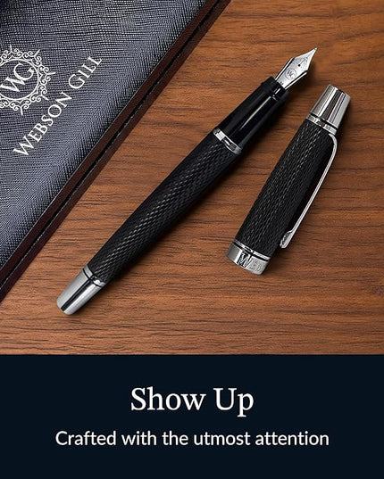 Webson Gill Show Up' Black Luxury Executive Fountain Pen, Woven Lacquer & Chrome, Medium Nib, Smudge Free, No Bleed, Use Any Fountain Ink with Included Converter, Fits Cartridges (sold separately)