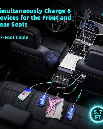 6 Multi Ports USB C Car Charger, 123W Fast Car Charger Adapter, PD 45W Compatible with iPhone17/Galaxy/Samsung S25, Type C Cigarette Lighter USB Charger with 5.7FT Cable for Rear Seat Charging(Black)