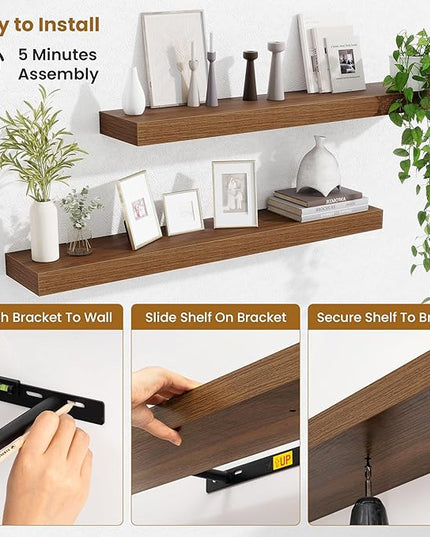 Fun Memories Floating Shelves for Room Wall, 36 Inch Long Shelf Set of 2， Hanging Wood Shelves for Storage & Display, Walnut