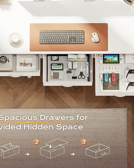 PRAISUN 55 Inch L Shaped Office Desk with Power Outlets and Type-C Port, Large Computer Gaming Desk with 3 Fabric Drawers, Mesh Shelves, Corner Study Work Writing Desk, White