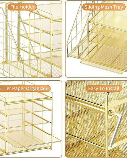 Marbrasse Desk Organizer with File Holder, 5-Tier Paper Letter Tray, Mesh Desk Organizers and Accessories with Magazine Holder, Desktop Organizer and Storage for Office Supplies (Gold)