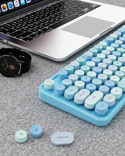 Wireless Keyboard and Mouse Combo, Ergonomic Full Size Typewriter Retro Round Keycaps Keyboard, Compatible with Windows, PC, Perfer for Home and Office Keyboards (Blue