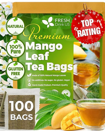 FreshDrinkUS, Premium 100 Mango Leaf Tea Bags, Hojas de Mango secas, 100% Natural & Pure, Loose Leaf Herbal Tea. Non GMO, No Sugar, No Caffeine, No Gluten, Vegan