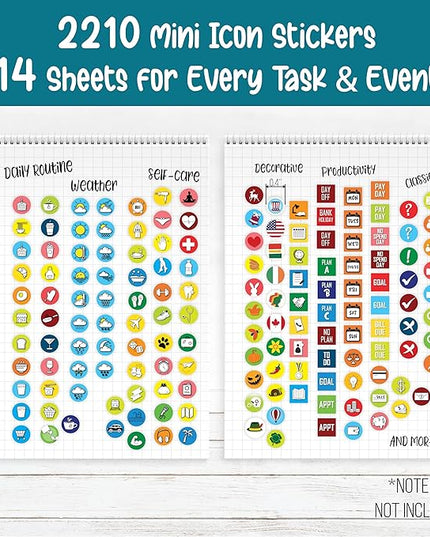 Vladi Creative Mini Planner Stickers - 2210 Pcs, 14 Sheets, Decorative & Productivity-Boosting Colorful Stickers for Journals, Calendars, Scrapbooking, Time Management, & DIY Planner Decoration