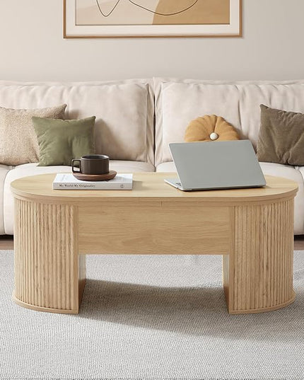 QHITTY Fluted Coffee Table with Lifting Top, Oval Wood Lift Top Coffee Table with Hidden Compartment, Mid Century Pull up Center Tables for Living Room, Office - Natural