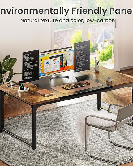 Huuger 63 x 31.5 inch Desk with Power Outlets & USB-C, 1.2 Inch Thicker Desktop, Robust Metal Tubes, Deep Computer Desk, Heavy Duty Office Desk, Work Desk, Rustic Brown and Black