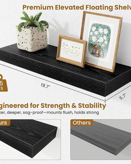Fun Memories Floating Shelves Bathroom for Wall Mounted Shelves, 20 Inch Wood Shelf Set of 2, Home Storage & Display Decor, Black