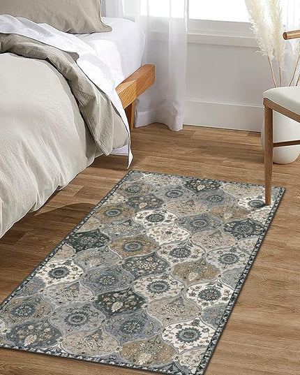 Lahome Moroccan Trellis Small Area Rug, 2x4 Rugs for Entryway Non-Slip Vintage Ultra-Thin Washable Indoor Door Mat Distressed Throw Carpet for Bathroom Kitchen Bedroom, Grey
