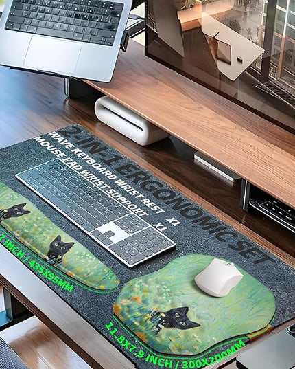 2-in-1 Ergonomic Set, Wave Keyboard Wrist Rest and Massage Slope Mouse Pad Wrist Support, Rebound Memory Foam for Relieve Carpal Tunnel Syndrome and Wrist Pain (Oil Painting Cats)