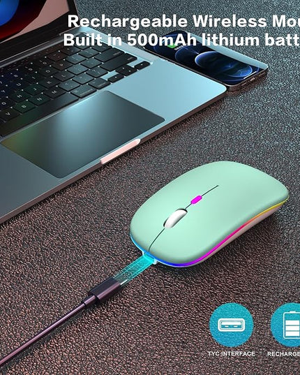 Wireless Bluetooth Mouse - Rechargeable Laptop Mice - with LED Lights,Dual Mode(Bluetooth 5.2 & Portable USB 2.4G) Connection,Silent Computer Mouse for Laptop,iPad,Tablet,MacBook,& PC(Green)