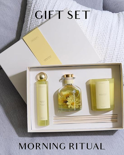 Benevolence LA Morning Ritual Gift Box | Candle, Room Spray & Reed Diffuser | Bergamot & Jasmine | Invigorating Home Fragrance | Ready for Gifting | Gift Set for Women