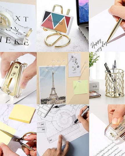 Gold Desk Accessories, Acrylic Stapler, Staple Remover, Tape Holder, Pen Holder, Ballpoint Pen, Scissor, Binder Clips, 1000pcs Staples, Phone Holder, Ruler, Transparent Glue and 300 Notes