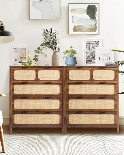 LEVNARY 4 Drawer Dresser for Bedroom, Rattan Dresser Drawers Storage Cane Cabinet, Wooden Chest of Drawers for Bedroom, Entryway, Living Room (1, Walnut)