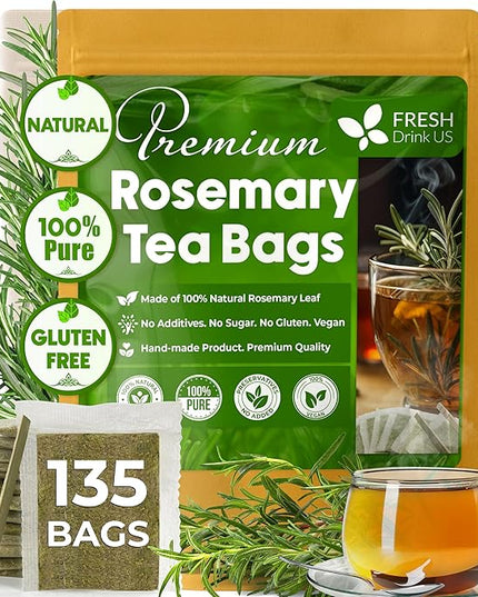 FreshDrinkUS, Premium 135 Rosemary Leaf Tea Bags, 100% Natural and Pure Rosemary Dried Leaves, Pure Herbal Tea, No Additives, No Caffeine, No Gluten, Vegan. (135 Tea Bags)