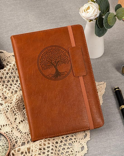 CAGIE Leather Lined Journal Notebooks for Work Tree of Life Journals for Writing, College Ruled Notebook with 256 Pages, 5.7"x8.3", Brown