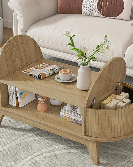 Coffee Table with 2 Hidden Storage,Mid Century Modern Coffee Table with Fluted Finish,Wood Center Tables Oval Coffee Tables with Flip-Top Lids for Living Room Home Office (Oak)
