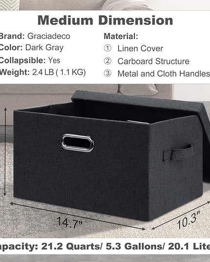 Medium 15" 21 Quart Collapsible Stackable Storage Bins with Lids, 3 Packs Dark Grey Foldable Fabric Closet Boxes Heavy-duty Linen Cube Baskets Container for Bedroom Office (15 x 11 x 8)