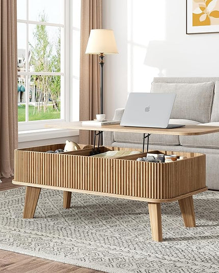 LCVTND Fluted Lift Top Coffee Table with Storage, Modern Wood Coffee Table Retro Center Table with Hidden Lifting Table Top Compartment for Living Room, Home, Office, Natural