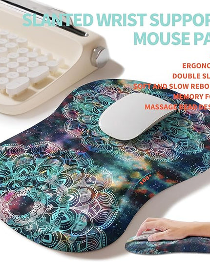 2-in-1 Ergonomic Set, Wave Rise Keyboard Wrist Rest and Massage Bulge Slope Mouse Pad Wrist Support, Cushion Memory Foam Integrated to Relieve Wrist Pain, Galaxy Mandala