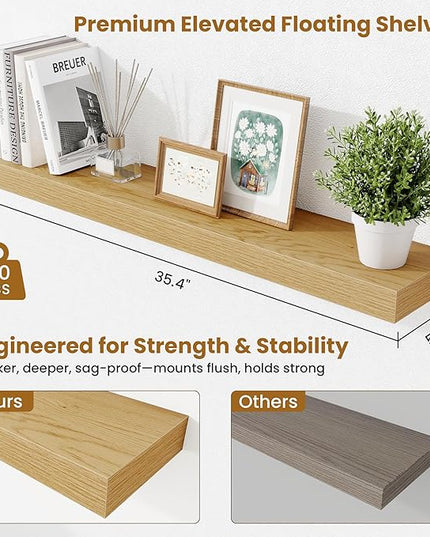 Fun Memories Floating Shelves for Room Wall, 36 Inch Long Shelf Set of 2， Hanging Wood Shelves for Storage & Display, Oak