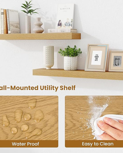 Fun Memories Floating Shelves 30 Inch, Wall Mounted Wood Shelf Set of 2, Farmhouse Decor for Bathroom, Bedroom, Kitchen, Living Room, Oak
