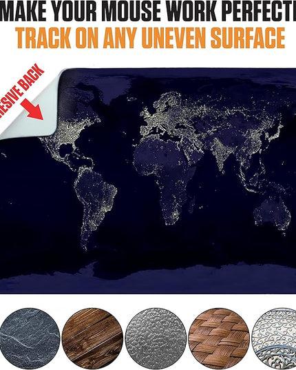 Adhesive Mouse Pad - Peel and Sticks to Any Surface - Travel Mouse Pad, Sticky for Any Surface - Excellent Tracking - Earth Night MAP