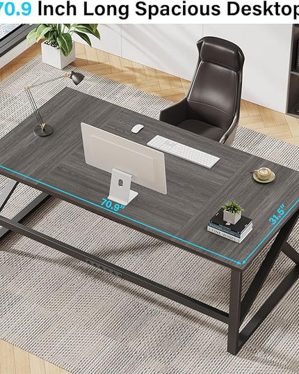 IBF Long Desks for Home Office, Large Metal Wooden Computer Desk for 2 Monitors, 70 Inch Two Person Desk for Executive Work Writing Study Gaming, Industrial Modern Big Double Desk, Dark Gray Oak