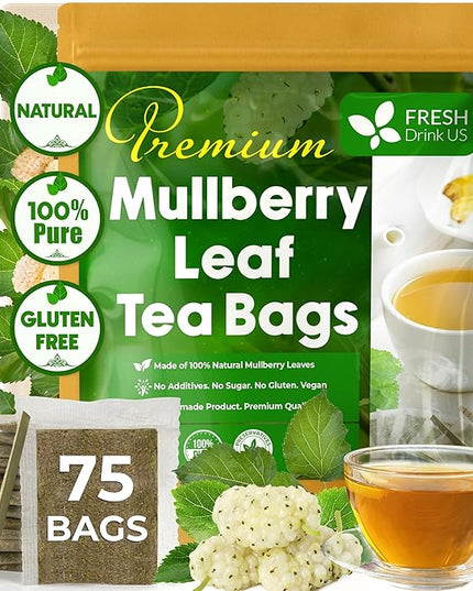 FreshDrinkUS, Premium 75 Mulberry Leaf Tea Bags, 100% Natural & Pure from Mulberry Leaves. Loose Leaf Herbal Tea. Made with Natural Material Tea Bags. No Sugar, No Caffeine, No Gluten, Vegan.