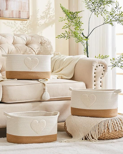 Storage Bins Woven Baskets for Storage Set of 3, Cotton Rope Basket with Handles for Toys/Shelves/Laundry, Rectangle Multi-Purpose Organizer for Living Room, Bedroom, Nursery (Heart)