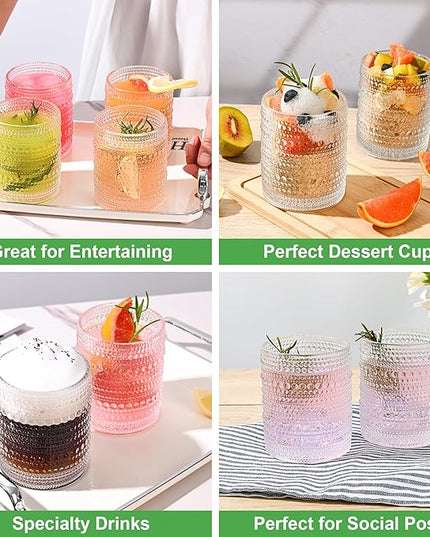 Hobnail Drinking Glasses Set of 6,12oz Vintage Glassware Embossed Vintage Water Cups Cocktail Glasses Juice Glasses