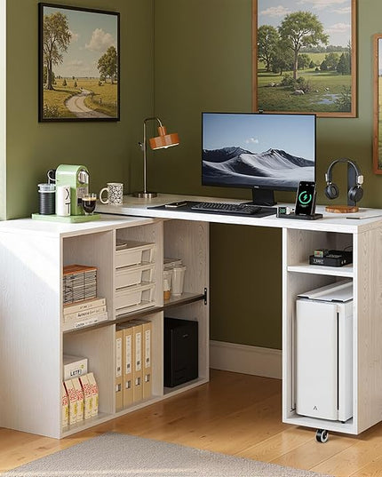 BLANKSPACE L-Shaped Computer Desk with 360°Swivel Desktop & 6 Open Shelves - Rotating Home Office Corner Desk with Power Outlets for Working and Study White Walnut