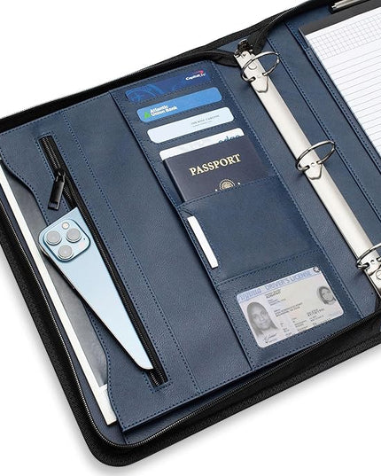 Forevermore Portfolios Portfolio Organizer - 3 Ring Binder with Notepad - 1.5 Inch Rings - Zippered Storage Pockets for Papers, Travel Documents, Presentation Folder, Cards, Passport, Tickets - Blue