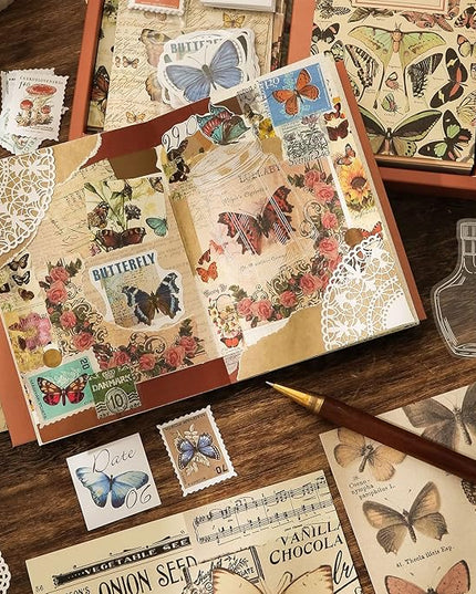 emmoolife Vintage Aesthetic Scrapbooking Supplies Kit, Butterfly Junk Journal Scrapbook Kit with Journaling Supplies, A6 Grid Notebook, Stationery, Birthday Craft Gift Set for Teen Girl Women