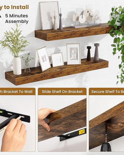Fun Memories Floating Shelves 30 Inch, Wall Mounted Wood Shelf Set of 2, Farmhouse Decor for Bathroom, Bedroom, Kitchen, Living Room, Rustic Brown