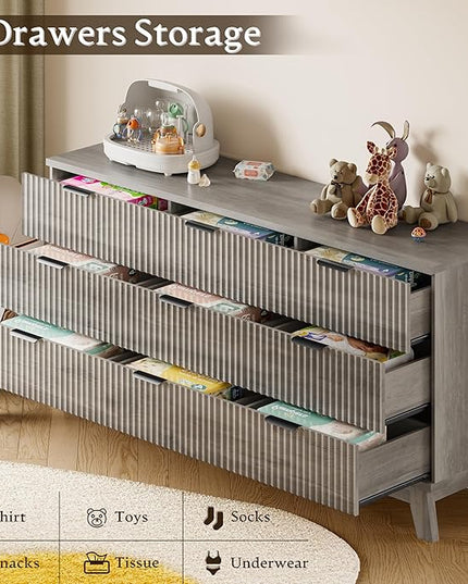 BORNOON 63" Long Dresser for Bedroom, 9-Drawer Fluted Dresser, Extra-Wide Wood Chest of Drawers with Smooth Metal Slides, Stable Base, Modern Clothes Storage Cabinet for Living Room, Hallway, Nursery