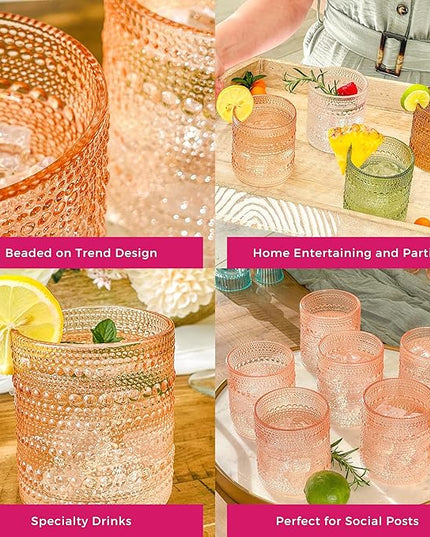 Kate Aspen Rose Gold Cups Pink Hobnail Beaded Drinking Glasses Set of 6-10 oz Vintage Glassware Set Cocktail Glass Set, Juice Glass, Water Cups | Makes A Great Hostess Gift, Gift for New Home Owners