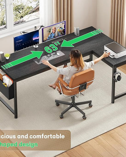 63 Inch Gaming Desk with Power Outlets & Storage Bag and LED Lights, L Shaped Desk with 0.95 Inch Thicker Desktop, Reversible Computer Desk for Home Office, Study Room, Living,Bedroom, Black