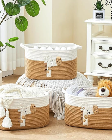 Storage Bins Woven Baskets for Storage Set of 3, Cotton Rope Basket with Handles for Toys/Shelves/Laundry, Rectangle Multi-Purpose Organizer for Living Room, Bedroom, Nursery (Giraffe)