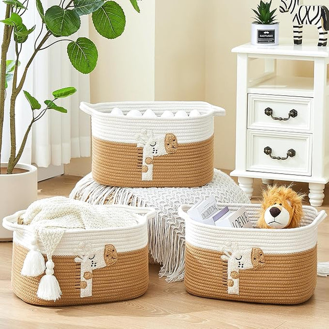 Storage Bins Woven Baskets for Storage Set of 3, Cotton Rope Basket with Handles for Toys/Shelves/Laundry, Rectangle Multi-Purpose Organizer for Living Room, Bedroom, Nursery (Giraffe)