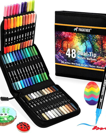 48 Colors Acrylic Paint Markers, Dual Tip with Fine Tip and Brush Tip Pens for Stone, Wood, Calligraphy, Canvas, Ceramic, Metal, Glass, Rock Painting, DIY Crafts Art Supplies Kit