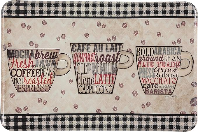 J&V TEXTILES Anti Fatigue Cushioned Comfort Mat, Ergonomically Durable, Supportive, Padded, Thick and Washable, Stain-Resistant, Kitchen, Garage, Office Standing Desk Mats (Coffee Words)