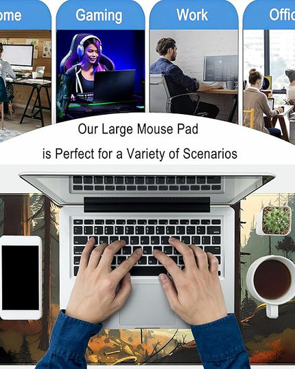 Desk Mat Gaming Desk Pad Valleys, Forest Mouse Pad XXL Extended Large Mouse and Keyboard Mat, Computer Desktop Mat with Non-Slip Base & Stitched Edges, Aesthetic Nature Desk Decor 31.5" x 15.7"
