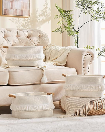 Storage Bins Woven Baskets for Storage Set of 3, Cotton Rope Basket with Handles for Toys/Shelves/Laundry, Rectangle Multi-Purpose Organizer for Living Room, Bedroom, Nursery (White)
